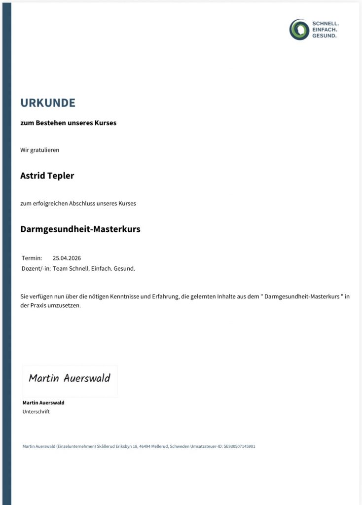 Darmgesundheit - Masterkurs Urkunde– Astrid Tepler